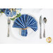 A top down shot of a place setting with the blue gingham fabric of the napkin faced out.