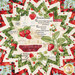 A top down view of the center of the topper, demonstrating details on the focus fabric, a white print with various summer motifs like strawberries, blossoms, and text about strawberries.