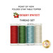 Four spools of thread in red, green, powder blue, and cream, isolated on a white background underneath a text graphic that reads 