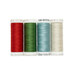 Four spools of thread in red, green, powder blue, and cream, isolated on a white background.