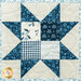 A patchwork quilt block featuring a star design in blue and cream fabrics with floral patterns.