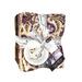 A stack of vintage prints in cream, purple, and green and tied together with a ruler ribbon, isolated on a white background.