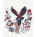 fabric panel with an Americana design of a large bald eagle carrying a flag, surrounded by florals and text.