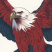 Fabric Illustration of a majestic eagle with bold red and blue feathers, wings outstretched against a white background.