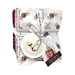 A neatly wrapped bundle of fabric squares with a measuring tape ribbon and a tag featuring a smiling woman.