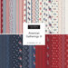 A collection of fabric squares in red, white, and blue patterns labeled American Gatherings III.