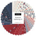 A circular arrangement of 42 fabric squares in red, white, and blue patterns, labeled American Gatherings III.