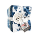 A stack of green, white, and blue floral prints tied together with a ruler ribbon, isolated on a white background.