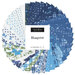 A circular arrangement of 42 fabric squares in various shades of blue and white patterns.