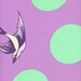 8x8 swatch of bright purple fabric with large mint green dots and a starling.