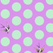 A bright purple fabric with large mint green dots and tossed starlings.