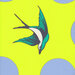 8x8 swatch of bright chartreuse fabric with large periwinkle blue dots and a starling.