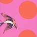 8x8 swatch of bright pink fabric with large salmon polka dots and a starling