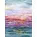 An abstract watercolor border print depicting a colorful sunset over water.