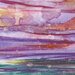 Watercolor abstract panel featuring vibrant purple and pink clouds above a green horizon.