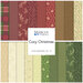 A stacked collage of red, brown, tan, and green Christmas fabrics included in the Cozy Christmas FQ Set.