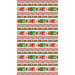 Patterned fabric featuring alternating rows of strawberries, hearts, and checkered designs in red and green.