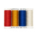 Four spools of thread in red, gold, blue, and white, isolated on a white background.