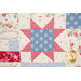 Patchwork quilt featuring a star pattern with blue, red, and floral fabric, and text with a biblical theme.