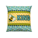 The finished June pillow wrap kit, a yellow wrap with blue and green scalloped borders and an appliqué bee beside appliqué letters that read 