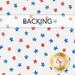 A swatch of white fabric with red and blue patriotic stars. A red banner at the top reads 