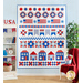 Quilt with rows of designs including stars, flags, houses, flowers, and various geometric shapes all made of red, white, and blue fabric,