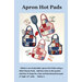 Front cover of the Apron Hot Pads pattern, showing a picture of four completed hot pads staged with mini charm packs and kitchen utensils on a blue background.