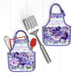Two of the completed apron hot pads, colored in flower themed fabrics, staged on a white paneled background with a spatula.
