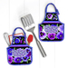 Two of the completed apron hot pads, colored in pansy themed fabrics, staged on a white paneled background with a spatula.