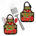 Two of the completed apron hot pads, colored in flower themed fabrics, staged on a white paneled background with a spatula.