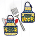 Two of the completed apron hot pads, colored in lemon themed fabrics, staged on a white paneled background with a spatula.