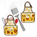 Two of the completed apron hot pads, colored in sunflower themed fabrics, staged on a white paneled background with a spatula.