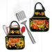 Two of the completed apron hot pads, colored in fall themed fabrics, staged on a white paneled background with a spatula.