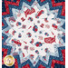 Red, white, and blue table topper featuring patterns of trucks, fireworks, and patriotic symbols.