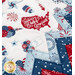 Close-up of table topper featuring red, white, and blue patterns, with patriotic motifs.