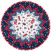 A table topper featuring a starburst pattern in red, white, and blue with festive patriotic designs isolated on a white background