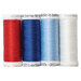 Four spools of sewing thread in red, dark blue, light blue, and white.