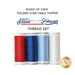 Four spools of thread in red, blue, white, and cream, labeled for a table topper project.