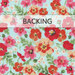A swatch of aqua fabric with bright red, pink, and orange flowers. A banner at the top reads 