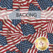 A swatch of fabric covered in overlapping American flags fluttering in the wind. A banner at the top reads 