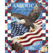 A full shot of the bald eagle panel in the middle of the quilt, showing two bald eagles, one sitting and one flying in front of an American flag.