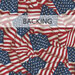 A swatch of fabric covered in overlapping American flags fluttering in the wind. A banner at the top reads 