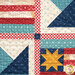 A  super close up on the center of the project, showing where the sashing intersects. Pieces and aspects of the blocks as well as top quilting details can be seen.