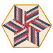 The completed 60 Degree Diamond Table Topper Kit colored in red, cream, blue, and yellow fabrics from the Old Glory collection by Henry Glass fabrics, isolated on a white background.