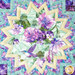 A colorful table topper featuring a floral pattern with a hummingbird at the center, framed by geometric shapes.