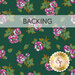 Dark green fabric swatch with tossed magenta pansies and tonal green leaves. A transparent banner reads 