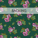 Dark green fabric swatch with tossed magenta pansies and tonal green leaves. A transparent banner reads 