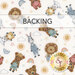 A swatch of white baby fabric with tossed stuff animals of lions, donkeys, sheep, cows, and bears, amongst stars, rainbows, sunshine, and clouds. A banner at the top reads 