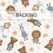 A swatch of white baby fabric with tossed stuff animals of lions, donkeys, sheep, cows, and bears, amongst stars, rainbows, sunshine, and clouds. A banner at the top reads 