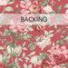 A swatch of pink-red fabric with sprawling pink and cream florals. A banner at the top reads 